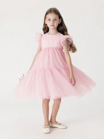 Young Girl Sweet Simple Contrast Mesh Round Neck Dress, Summer