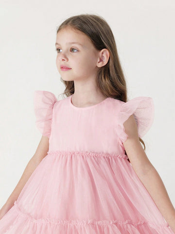 Young Girl Sweet Simple Contrast Mesh Round Neck Dress, Summer