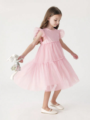 Young Girl Sweet Simple Contrast Mesh Round Neck Dress, Summer