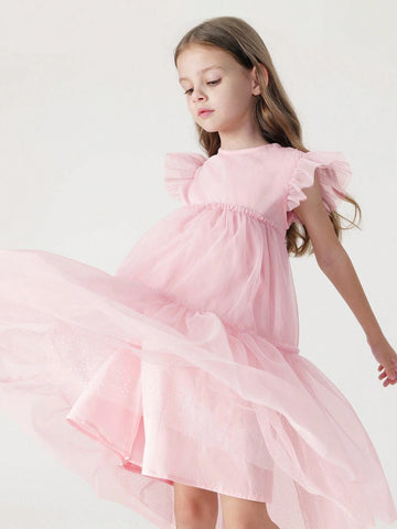 Young Girl Sweet Simple Contrast Mesh Round Neck Dress, Summer
