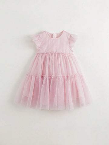 Young Girl Sweet Simple Contrast Mesh Round Neck Dress, Summer