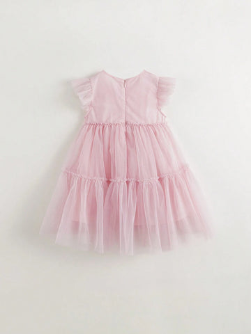 Young Girl Sweet Simple Contrast Mesh Round Neck Dress, Summer