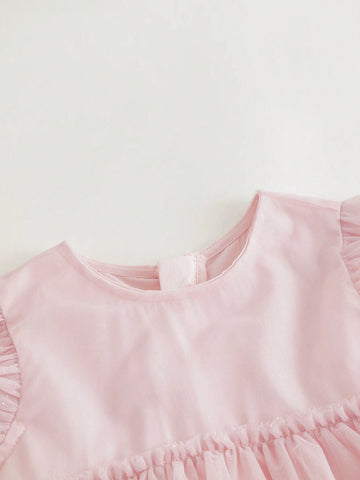 Young Girl Sweet Simple Contrast Mesh Round Neck Dress, Summer