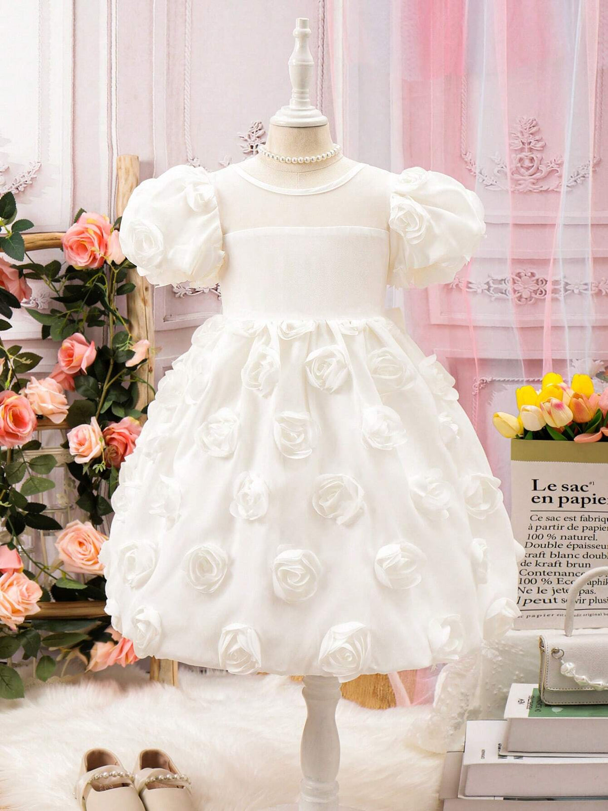 Young Girl Sweet Spring/Summer Pure Color 3D Flower Decor Bubble Sleeve Dress