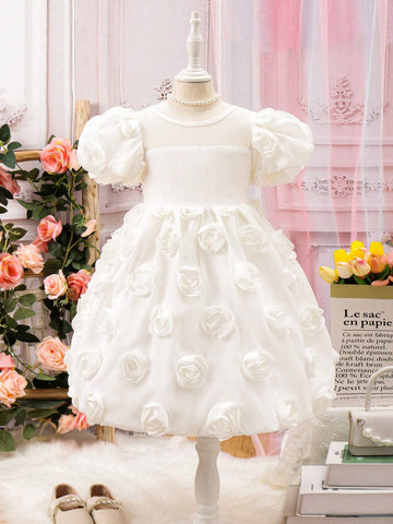 Young Girl Sweet Spring/Summer Pure Color 3D Flower Decor Bubble Sleeve Dress