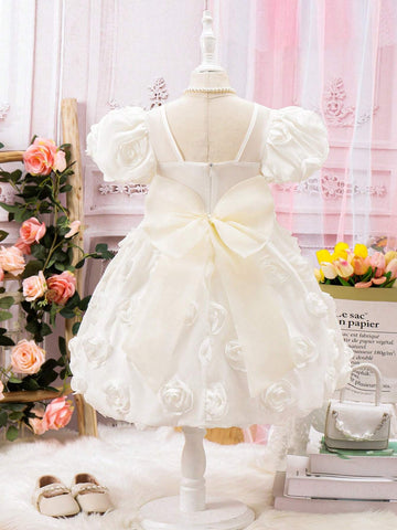 Young Girl Sweet Spring/Summer Pure Color 3D Flower Decor Bubble Sleeve Dress