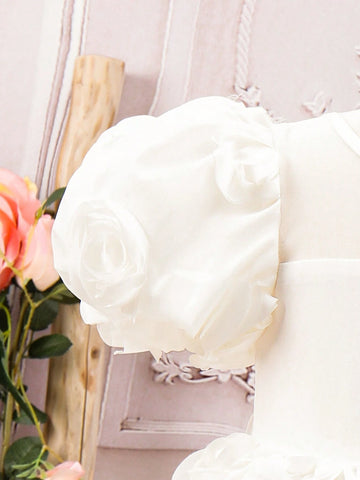 Young Girl Sweet Spring/Summer Pure Color 3D Flower Decor Bubble Sleeve Dress