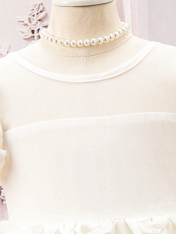 Young Girl Sweet Spring/Summer Pure Color 3D Flower Decor Bubble Sleeve Dress