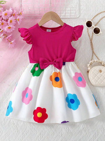 Young Girl Sweet Style Solid Ribbed Crew Neck Cap Sleeve Bow Splice Colorful Flower Print Hem A-Line Dress