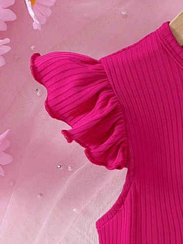 Young Girl Sweet Style Solid Ribbed Crew Neck Cap Sleeve Bow Splice Colorful Flower Print Hem A-Line Dress