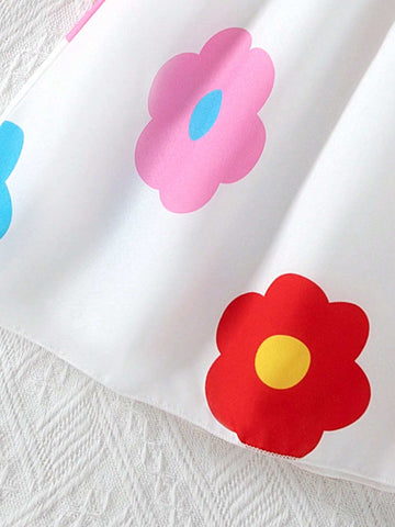 Young Girl Sweet Style Solid Ribbed Crew Neck Cap Sleeve Bow Splice Colorful Flower Print Hem A-Line Dress