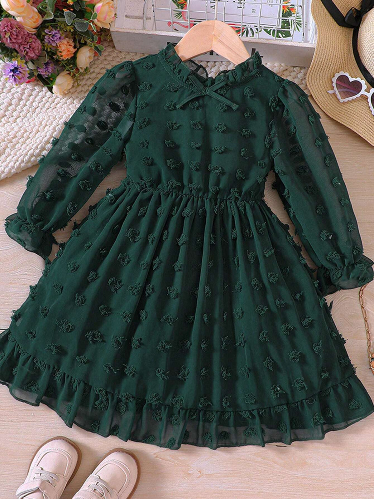 Young Girl Swiss Dot Flare Sleeve Ruffle Hem Dress