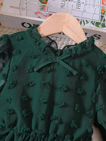 Young Girl Swiss Dot Flare Sleeve Ruffle Hem Dress