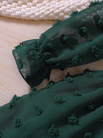 Young Girl Swiss Dot Flare Sleeve Ruffle Hem Dress