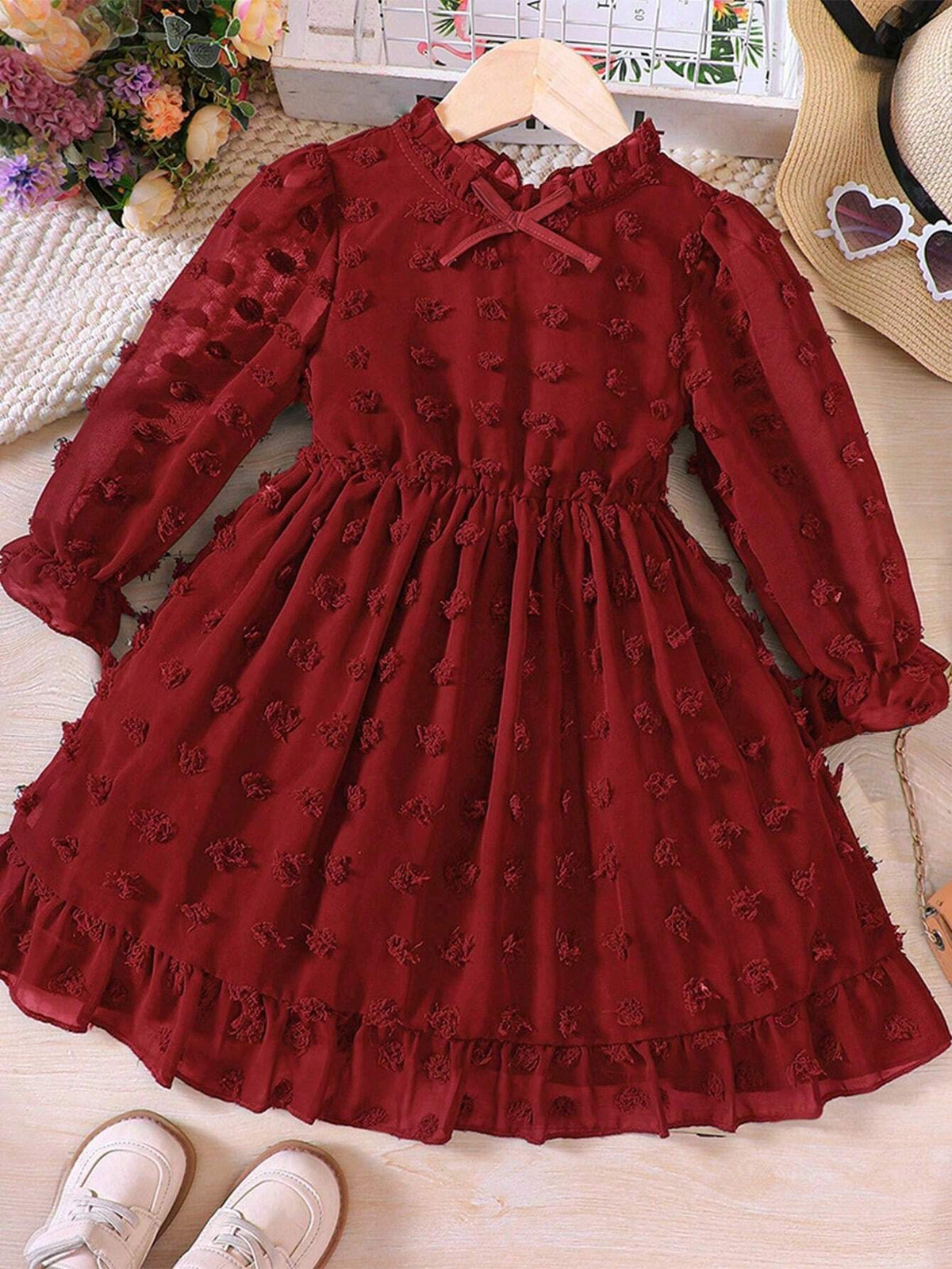 Young Girl Swiss Dot Tulle Splice Stand Collar Quality Mini Dress
