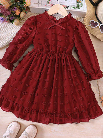 Young Girl Swiss Dot Tulle Splice Stand Collar Quality Mini Dress