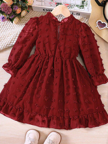 Young Girl Swiss Dot Tulle Splice Stand Collar Quality Mini Dress