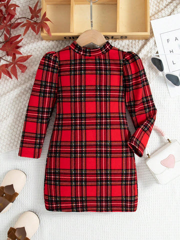 Young Girl Tartan Print Mock Neck Puff Sleeve Dress