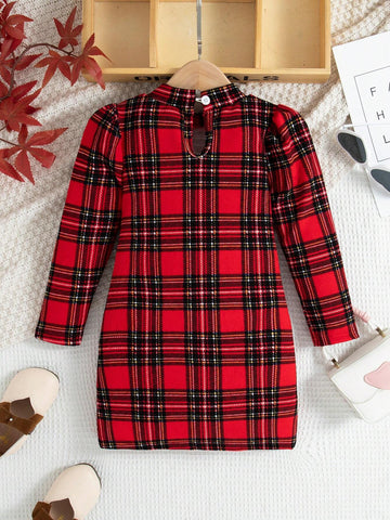 Young Girl Tartan Print Mock Neck Puff Sleeve Dress