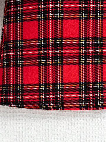 Young Girl Tartan Print Mock Neck Puff Sleeve Dress