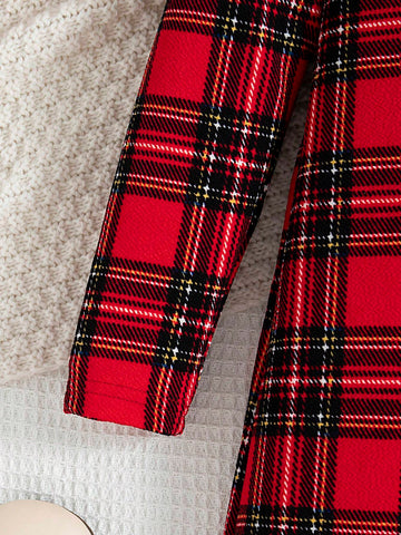 Young Girl Tartan Print Mock Neck Puff Sleeve Dress
