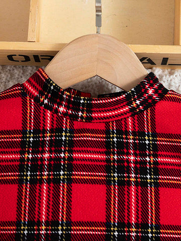 Young Girl Tartan Print Mock Neck Puff Sleeve Dress