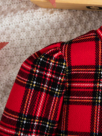 Young Girl Tartan Print Mock Neck Puff Sleeve Dress