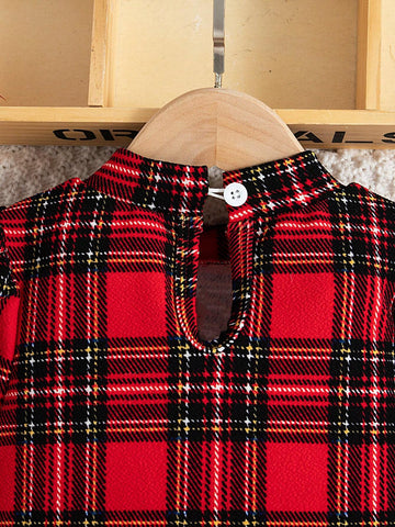 Young Girl Tartan Print Mock Neck Puff Sleeve Dress