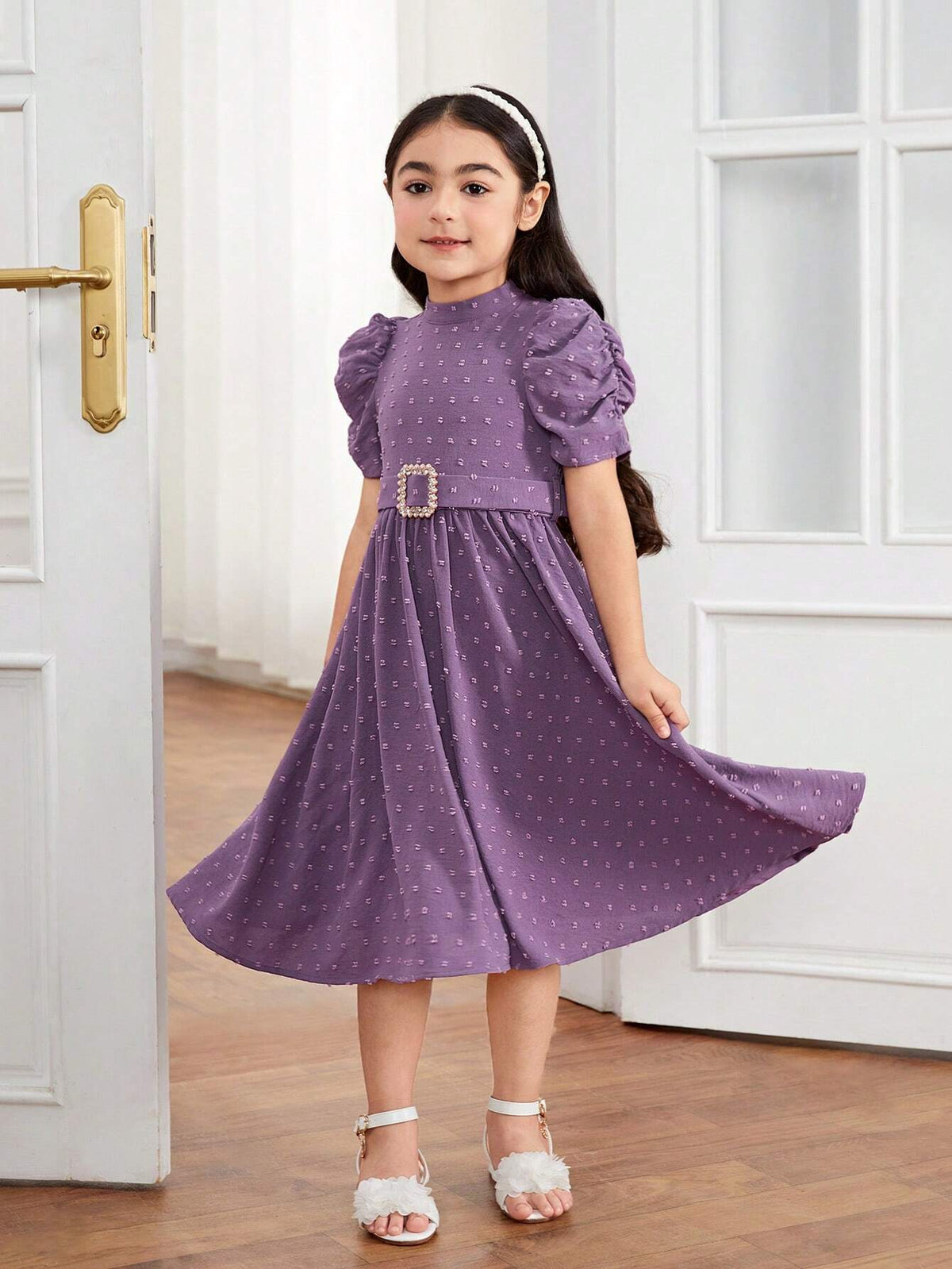 Young Girl Textured Jewel Embellished Waist Belt Stand Collar Dress, Suitable For Daily Parties