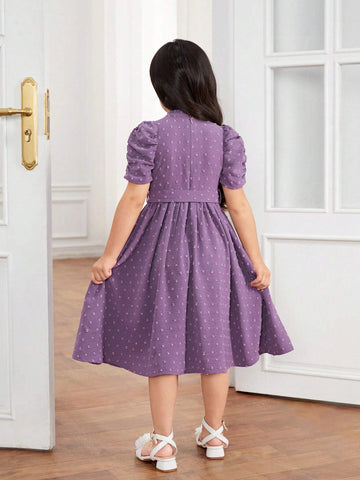 Young Girl Textured Jewel Embellished Waist Belt Stand Collar Dress, Suitable For Daily Parties