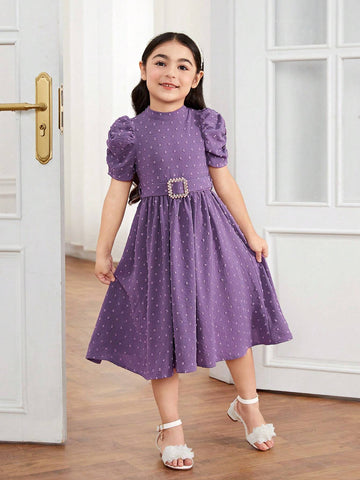 Young Girl Textured Jewel Embellished Waist Belt Stand Collar Dress, Suitable For Daily Parties