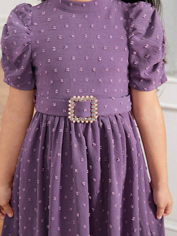 Young Girl Textured Jewel Embellished Waist Belt Stand Collar Dress, Suitable For Daily Parties