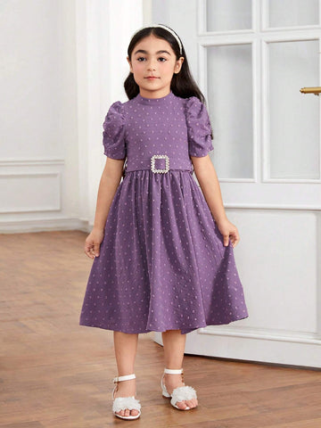 Young Girl Textured Jewel Embellished Waist Belt Stand Collar Dress, Suitable For Daily Parties