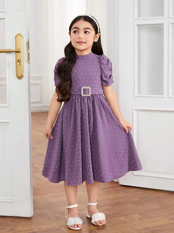 Young Girl Textured Jewel Embellished Waist Belt Stand Collar Dress, Suitable For Daily Parties