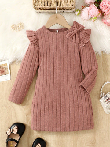 Young Girl Textured Solid Color Butterfly Decor Long Dress, Spring Autumn Fashion