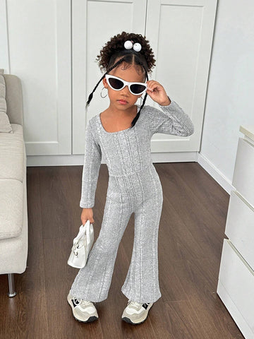 Young Girl Textured Square Neck Long Sleeve Romper For Casual Everyday Wear, Autumn