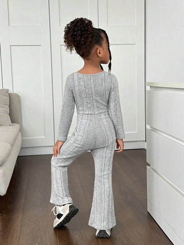 Young Girl Textured Square Neck Long Sleeve Romper For Casual Everyday Wear, Autumn