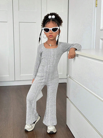 Young Girl Textured Square Neck Long Sleeve Romper For Casual Everyday Wear, Autumn