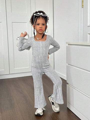 Young Girl Textured Square Neck Long Sleeve Romper For Casual Everyday Wear, Autumn