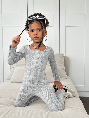 Young Girl Textured Square Neck Long Sleeve Romper For Casual Everyday Wear, Autumn
