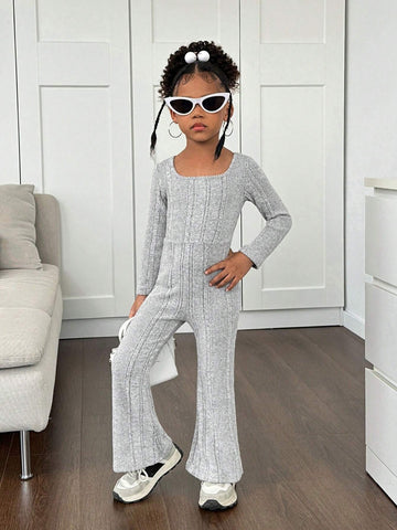 Young Girl Textured Square Neck Long Sleeve Romper For Casual Everyday Wear, Autumn