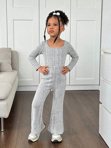 Young Girl Textured Square Neck Long Sleeve Romper For Casual Everyday Wear, Autumn