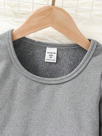 Young Girl Thermal Lined Square Neck Long Sleeve Crop Basics Solid Color Knit Tee,Great For Casual & Daily Wear & School Daily In Autumn Winter