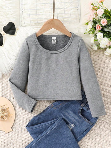 Young Girl Thermal Lined Square Neck Long Sleeve Crop Basics Solid Color Knit Tee,Great For Casual & Daily Wear & School Daily In Autumn Winter