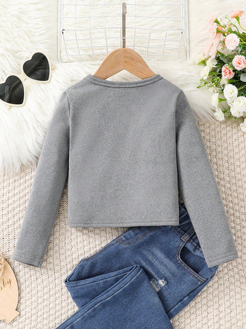 Young Girl Thermal Lined Square Neck Long Sleeve Crop Basics Solid Color Knit Tee,Great For Casual & Daily Wear & School Daily In Autumn Winter