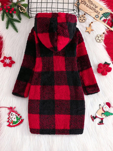 Young Girl' Thick Plush Hooded Plaid Dress, Warm For Christmas, Autumn/Winter