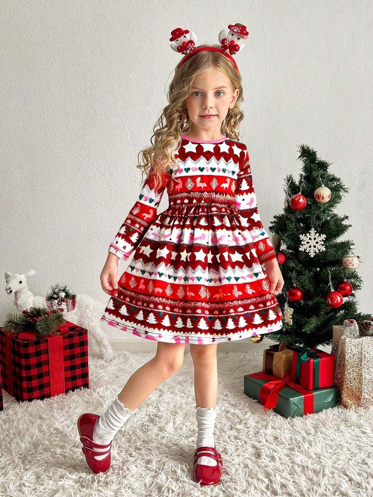 Young Girl Thin Style Christmas Series Casual Comfortable All-Over Cartoon Print Round Neck Long Sleeve Dress