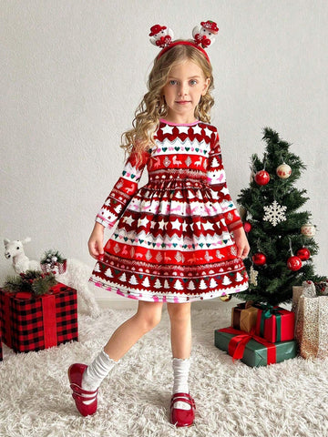 Young Girl Thin Style Christmas Series Casual Comfortable All-Over Cartoon Print Round Neck Long Sleeve Dress