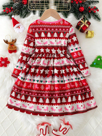 Young Girl Thin Style Christmas Series Casual Comfortable All-Over Cartoon Print Round Neck Long Sleeve Dress