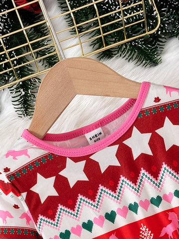 Young Girl Thin Style Christmas Series Casual Comfortable All-Over Cartoon Print Round Neck Long Sleeve Dress